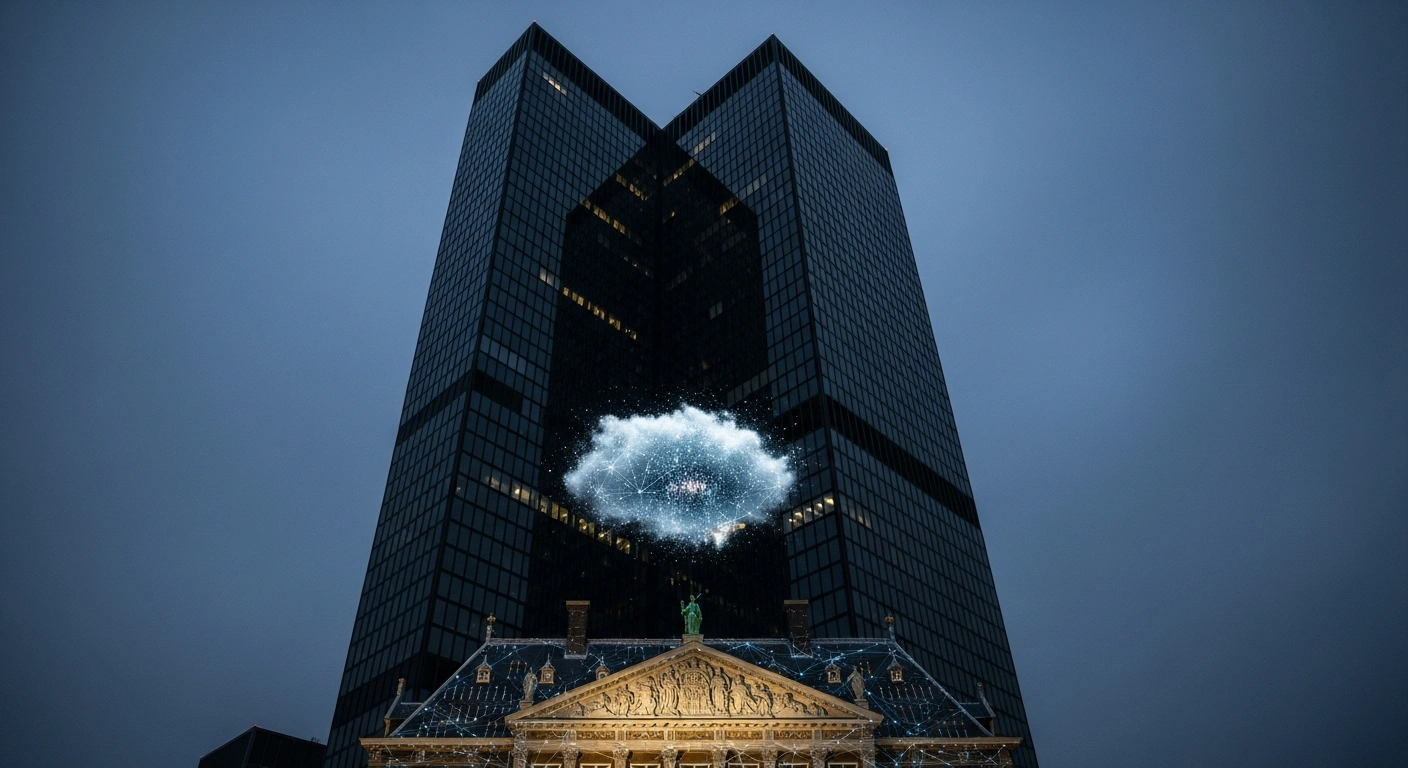 A towering, dark corporate skyscraper casts a long shadow over a smaller, ornate Dutch government building, from which a fragile digital network emanates, symbolizing concerns over Kyndryl's acquisition of Solvinity and its impact on Dutch data security and digital sovereignty under the US CLOUD Act.