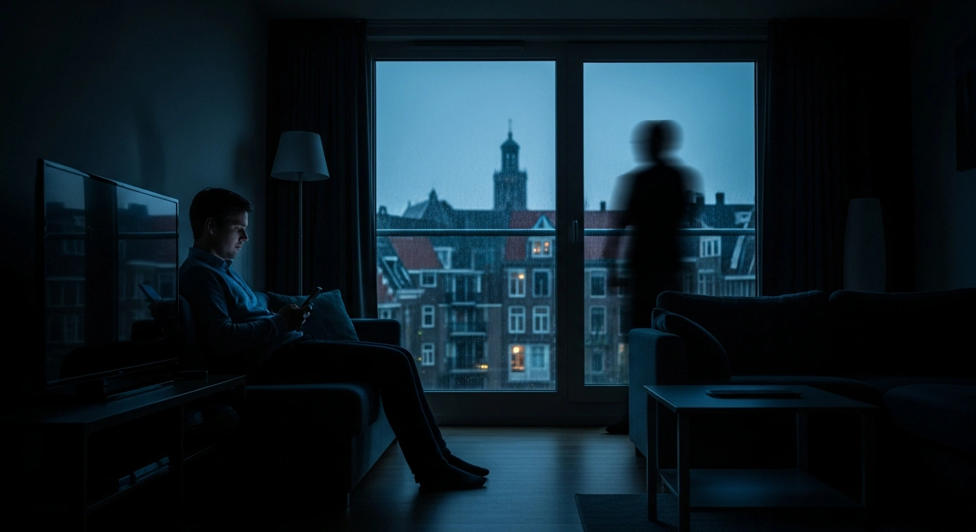 A person sits in a dark room illuminated by a smartphone screen while a shadowy figure looms in the background, representing foreign intelligence services targeting citizens in the Netherlands for espionage.