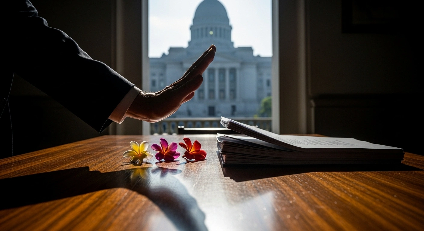 An authoritative hand, representing the Dutch government under the Schoof cabinet, decisively pushes away a stack of documents, symbolizing the rejected dispute settlement mechanism proposal from the parliaments of Aruba, Curaçao, and St. Maarten, against the backdrop of a grand government building.