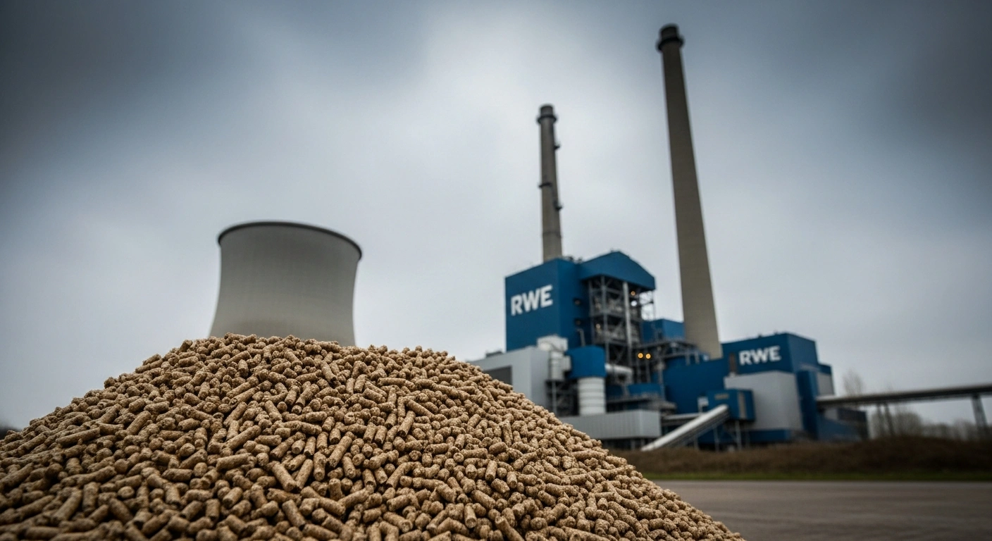 A large industrial biomass power plant looms over a pile of wood pellets as Dutch authorities investigate RWE for potential sustainability violations.