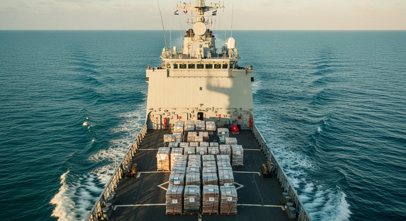 The Royal Netherlands Navy vessel Zr.Ms. Groningen departs from Curaçao loaded with emergency relief supplies for earthquake-stricken Venezuela.