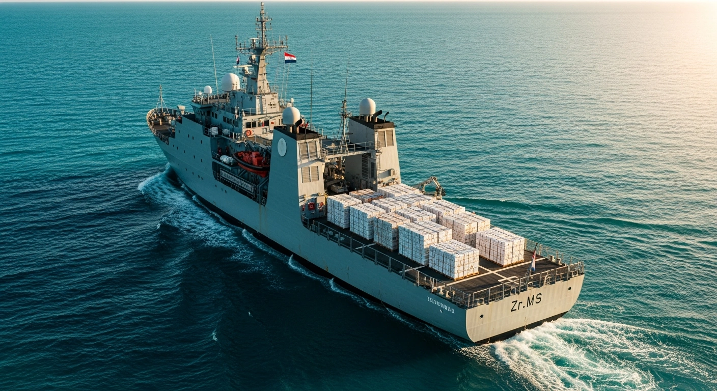 The Royal Netherlands Navy vessel Zr.Ms. Groningen departs from Curaçao carrying emergency relief supplies to assist earthquake victims in Venezuela.