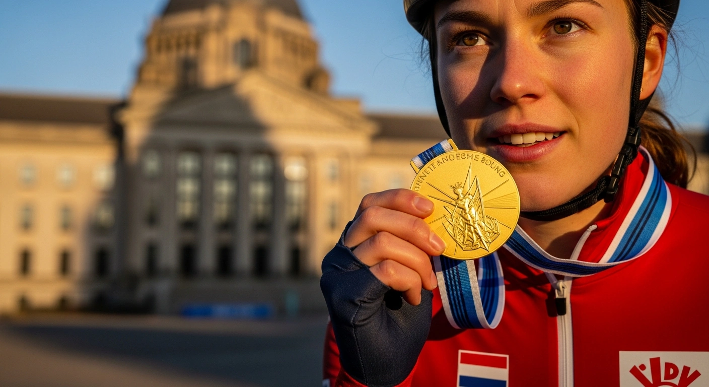 A triumphant Dutch speed skater, wearing a gold medal, stands in warm golden hour light with a government building in the background, symbolizing the Dutch Olympic Committee's call for continued sports funding after their record success at the Milano Cortina 2026 Winter Olympics.