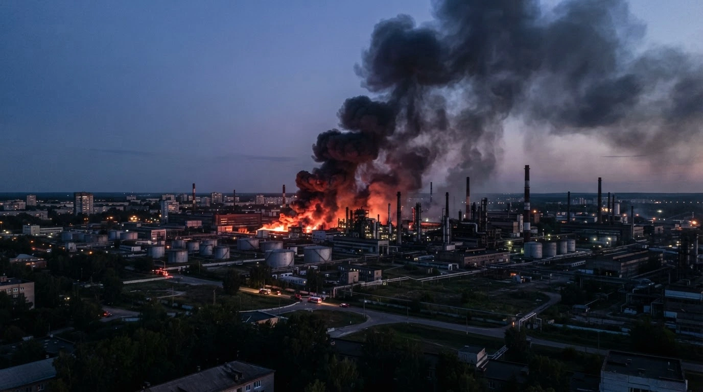 Thick smoke and flames rise from an explosives manufacturing plant in Dzerzhinsk following a drone attack.
