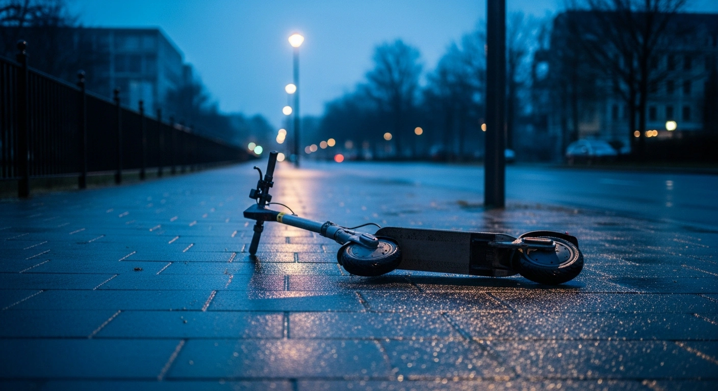 An abandoned e-scooter lies on a wet city sidewalk, highlighting the urgent need for national safety regulations following recent accidents involving Canadian youth.