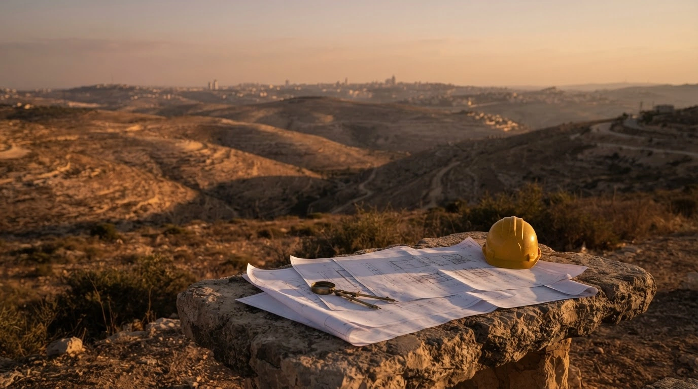 Architectural plans for new housing units are laid out on a stone table overlooking the hills of the E1 area east of Jerusalem in the West Bank.