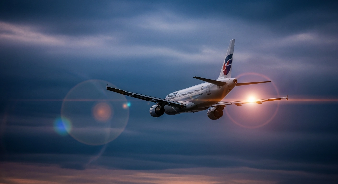 A dramatic low-angle shot of an Airbus A320 aircraft flying under a twilight sky with a subtle solar flare effect on the horizon, symbolizing the EASA directive addressing flight control vulnerability due to intense solar radiation affecting thousands of aircraft globally.