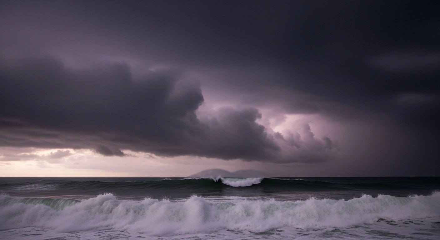 A wide, low-angle shot captures the immense power of the Atlantic Ocean under a dark, stormy sky, with distant lightning illuminating colossal waves crashing against a coastline, symbolizing the impending threat of Hurricane Humberto and a developing tropical system to the U.S. East Coast and Bahamas, as South Carolina declares a state of emergency.