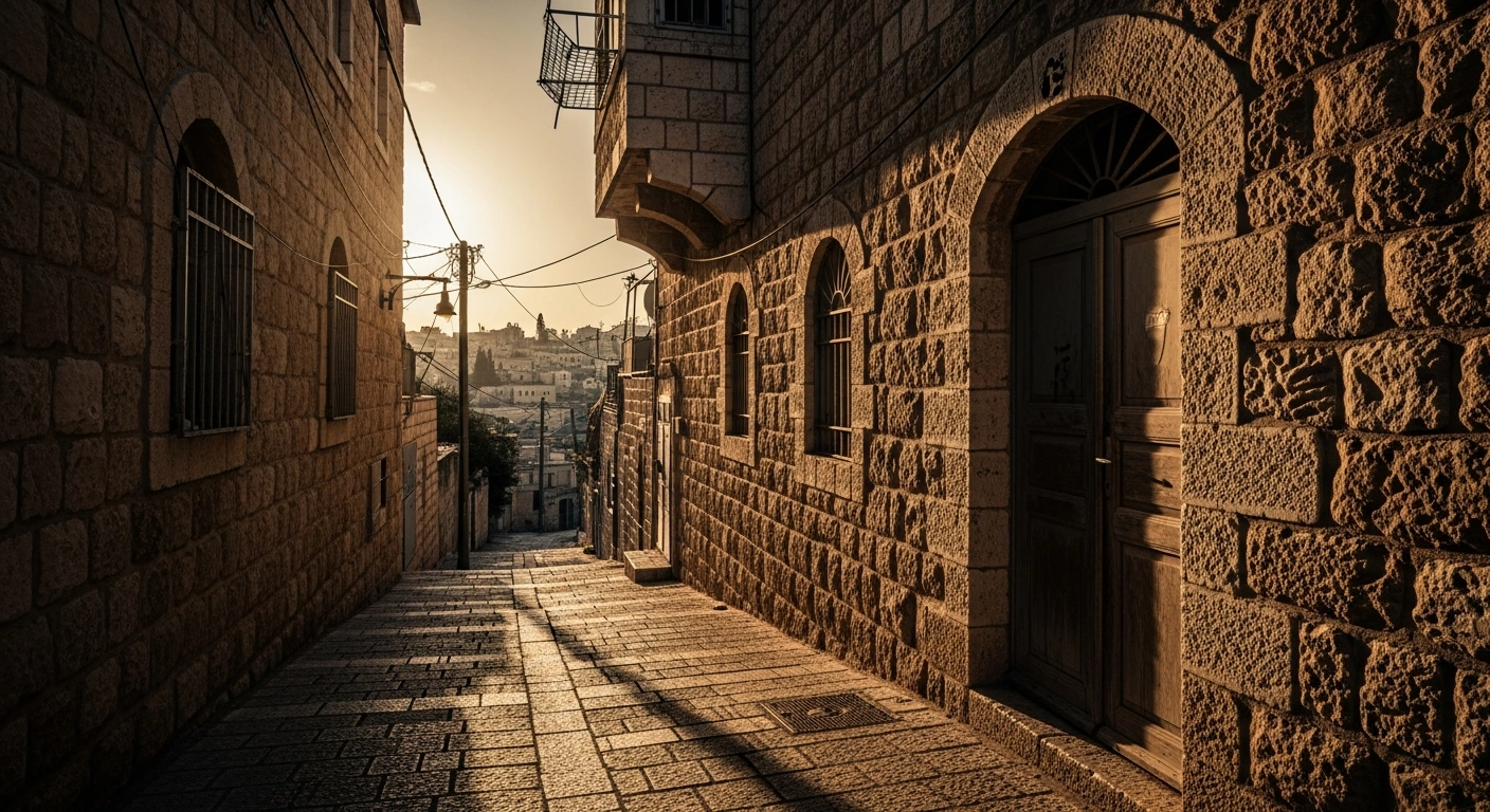 A weathered stone house in East Jerusalem stands in a narrow street as Palestinian families face potential eviction due to historical property disputes.