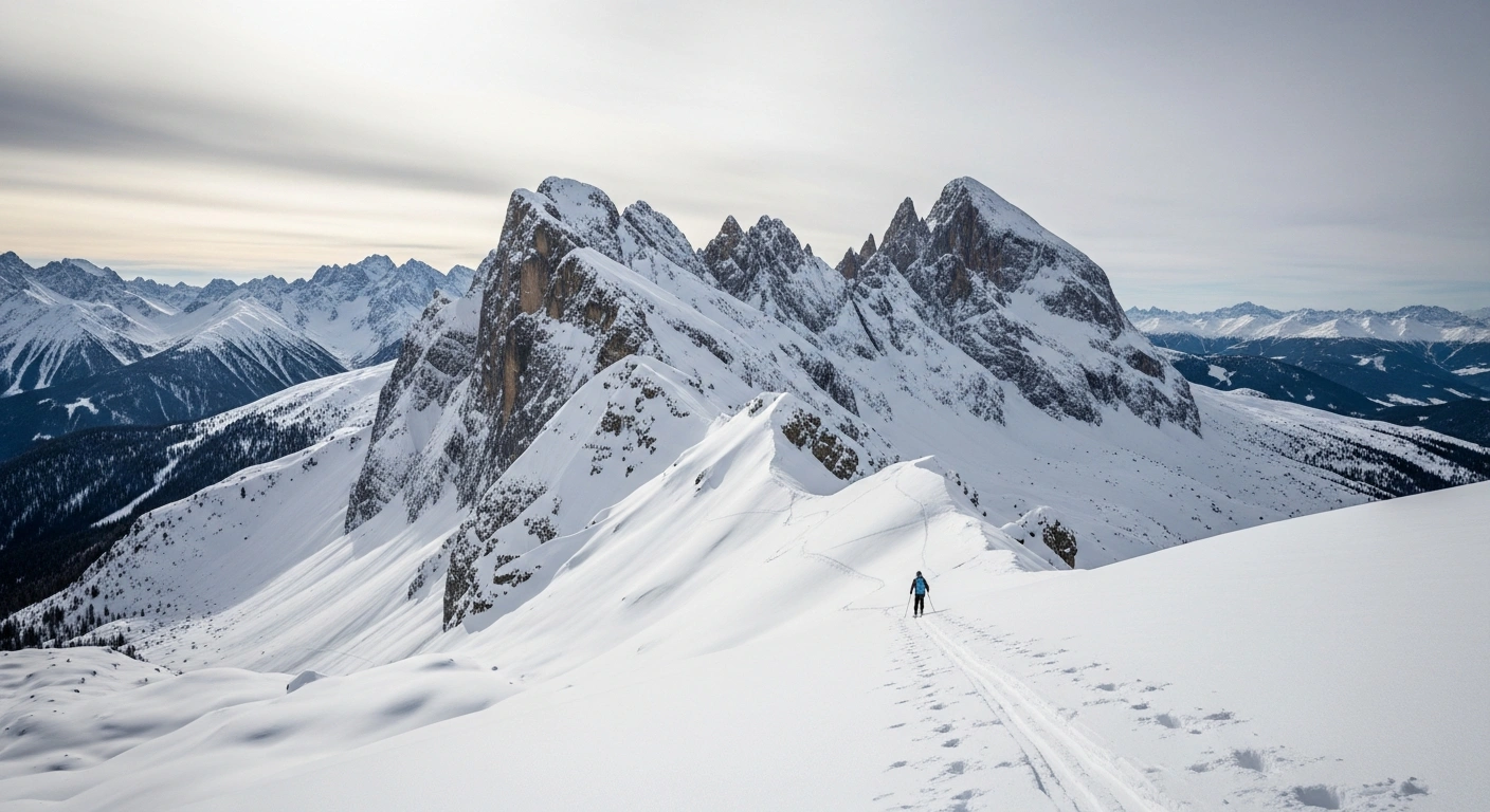 A wide, majestic view of snow-covered mountains in East Tyrol, possibly the Lienz Dolomites, under an overcast sky, with faint ski tracks leading into the vast, treacherous landscape, symbolizing the high avalanche warning above 1,800 meters due to new snowfall and weak snowpack.