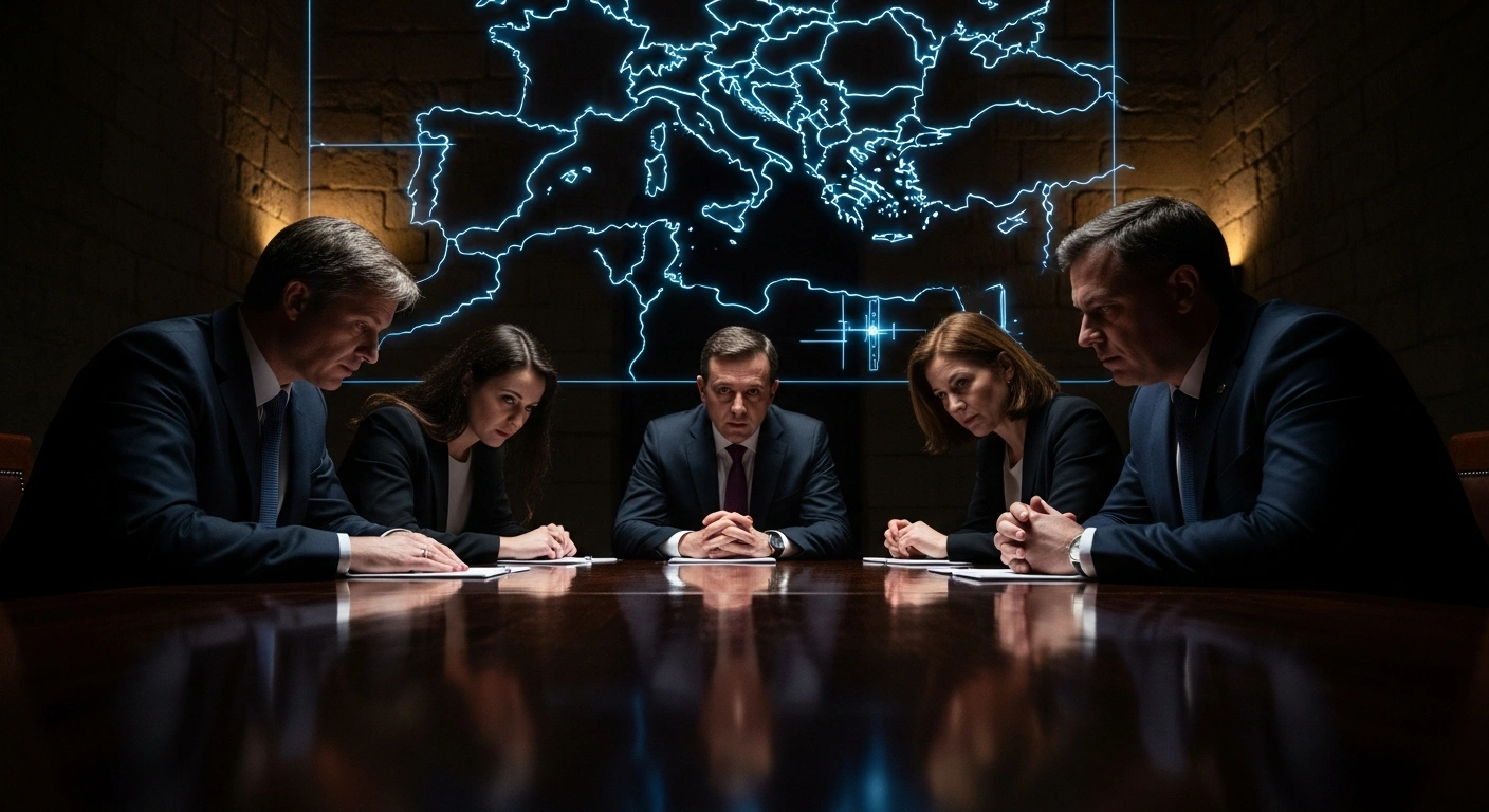 Four lawmakers, representing Cyprus, Greece, Israel, and the United States, are shown in a dimly lit, ancient-feeling chamber in Jerusalem, gathered around a polished dark wood table, intensely discussing regional instability in the Eastern Mediterranean, with a subtle holographic map in the background, symbolizing their call for strengthened cooperation within the 3+1 framework.