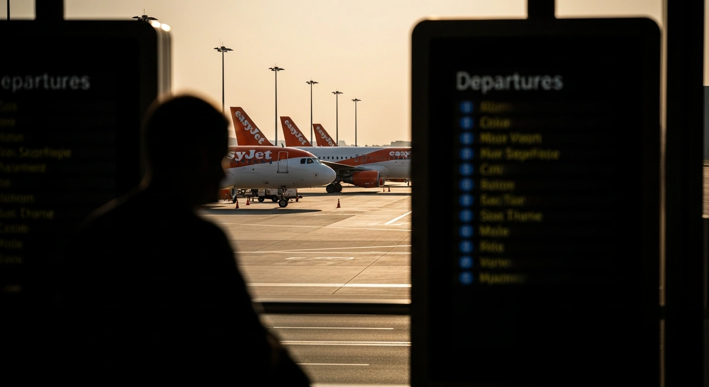 A row of EasyJet aircraft sits idle on the tarmac at a French airport during a scheduled flight attendant strike.