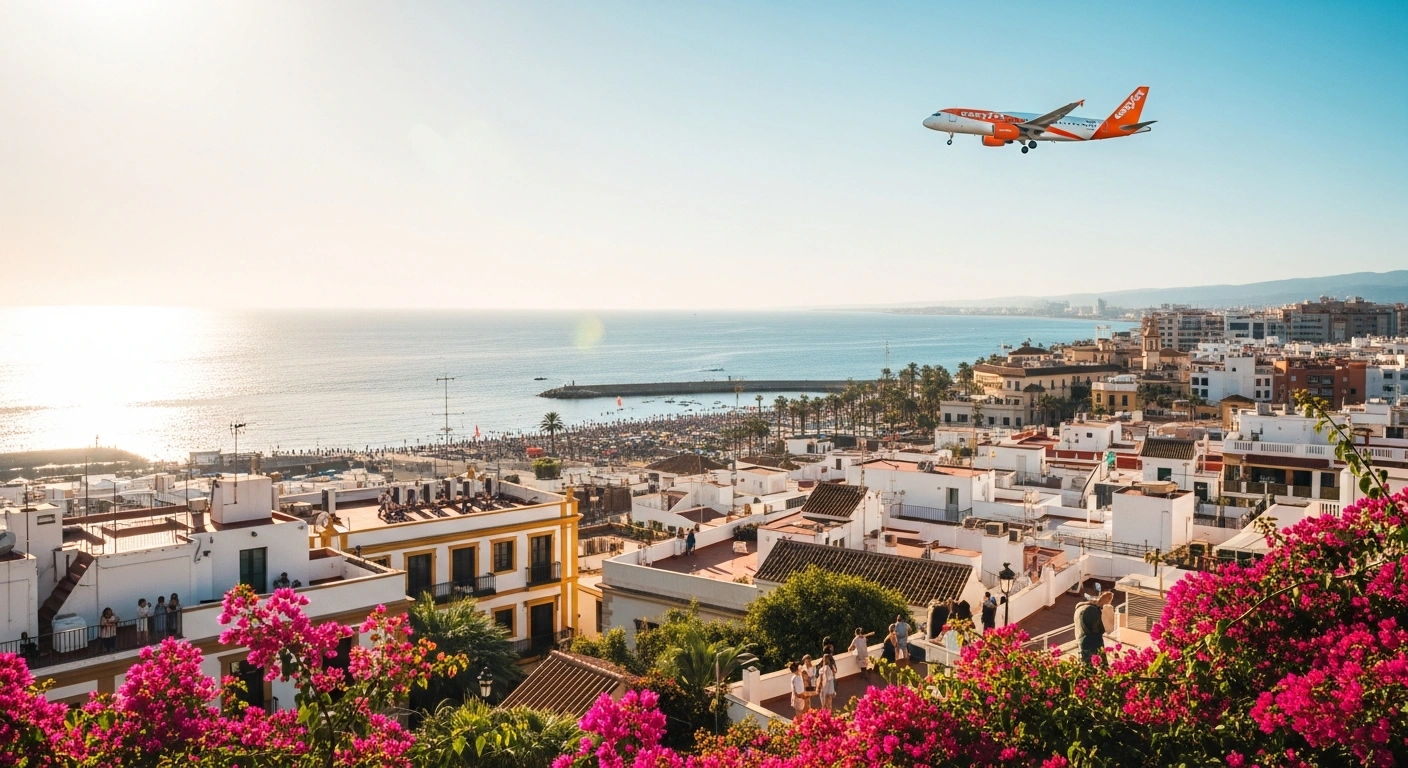 A vibrant, sun-drenched European coastal town with terracotta rooftops and an easyJet aircraft descending in the distance, symbolizing the airline's new routes and expanded options for European holidays from UK airports in Summer 2026.