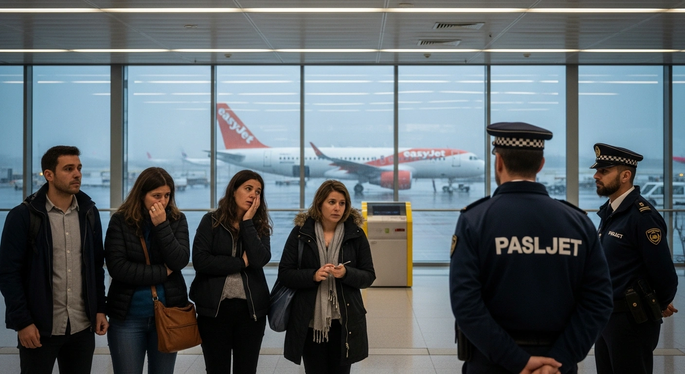 Five passengers from an EasyJet flight, diverted from London Gatwick to Gibraltar due to adverse weather, are shown being deported by Spanish authorities at Malaga Airport after being denied entry for lacking valid Schengen visas.