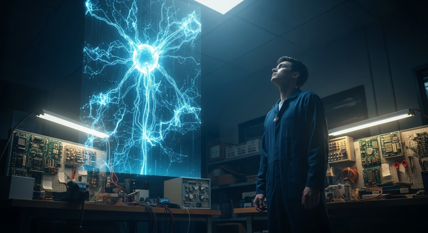 A young engineer looks up at a large, glowing holographic neural network in a dimly lit workshop, illustrating the risks of overestimating artificial intelligence capabilities.
