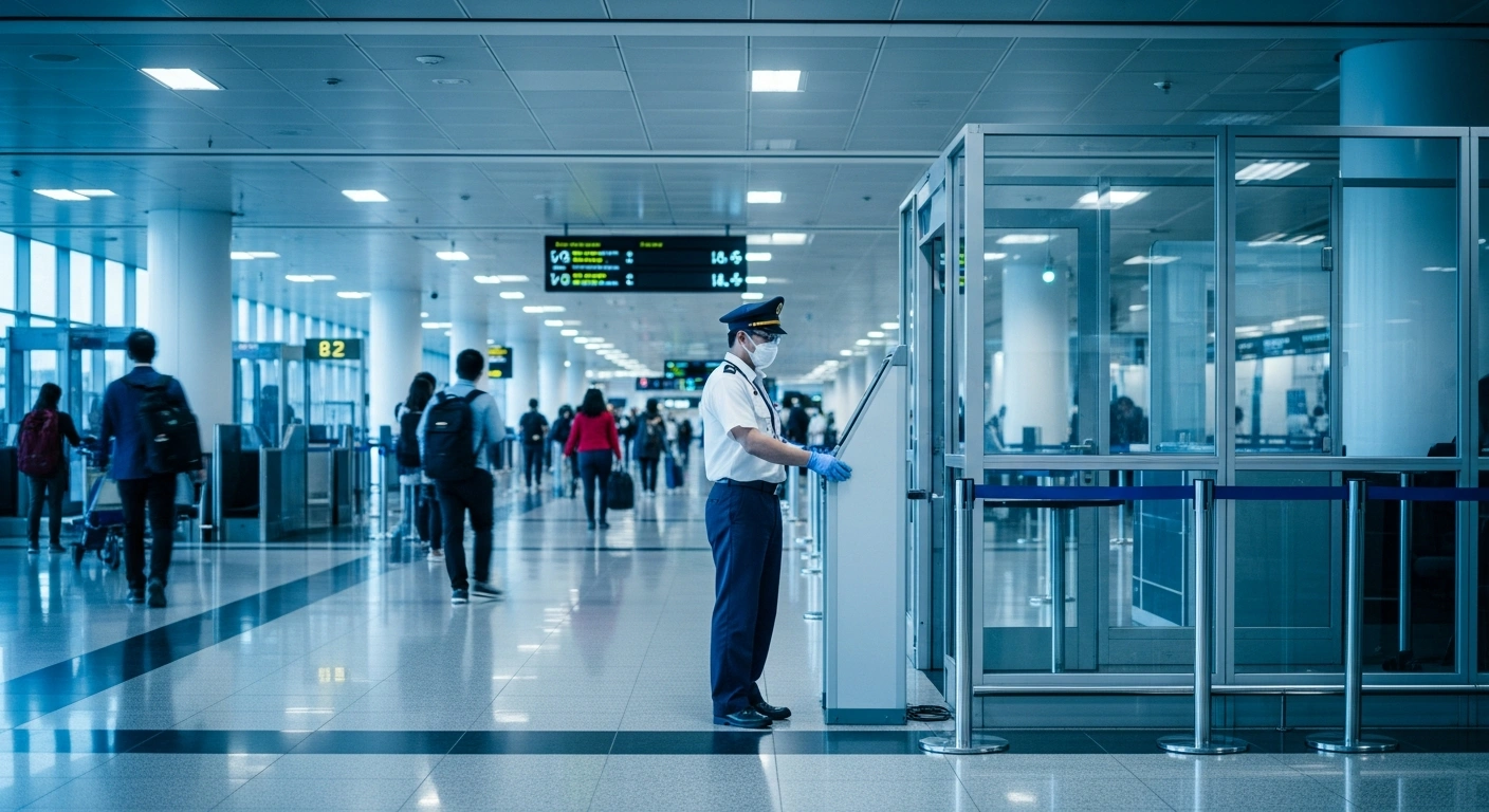 A health official conducts enhanced Ebola screening protocols for international travelers at a busy airport terminal in the United States.