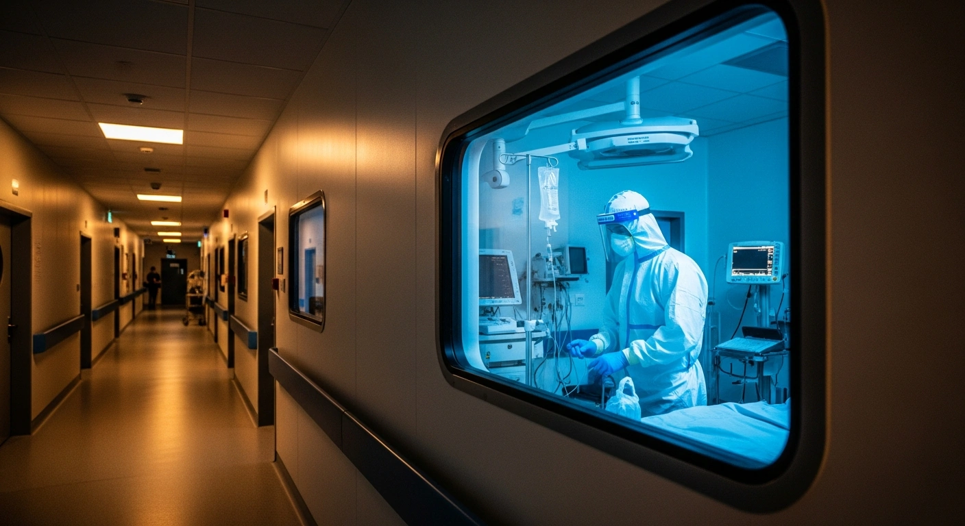 A medical professional in full protective gear works inside a high-security isolation unit at Berlin's Charité University Hospital to treat a patient with Ebola.