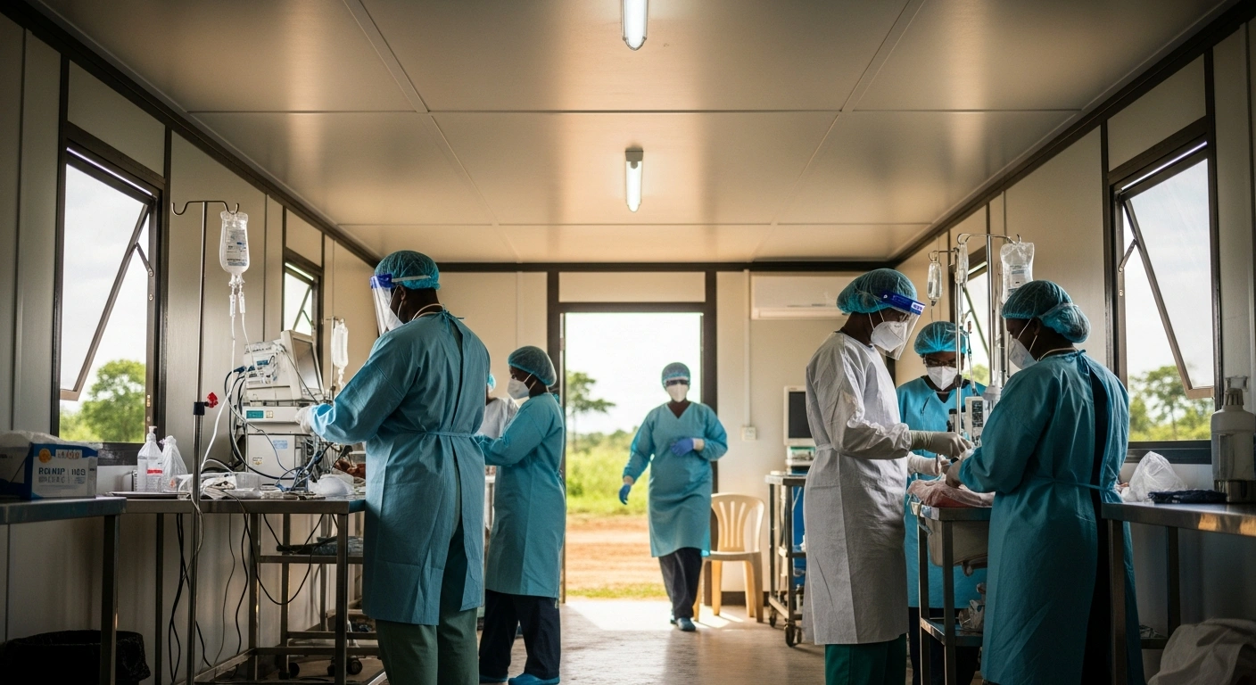 Healthcare workers in protective gear operate in a medical facility in the Democratic Republic of the Congo as part of an international Ebola response effort.