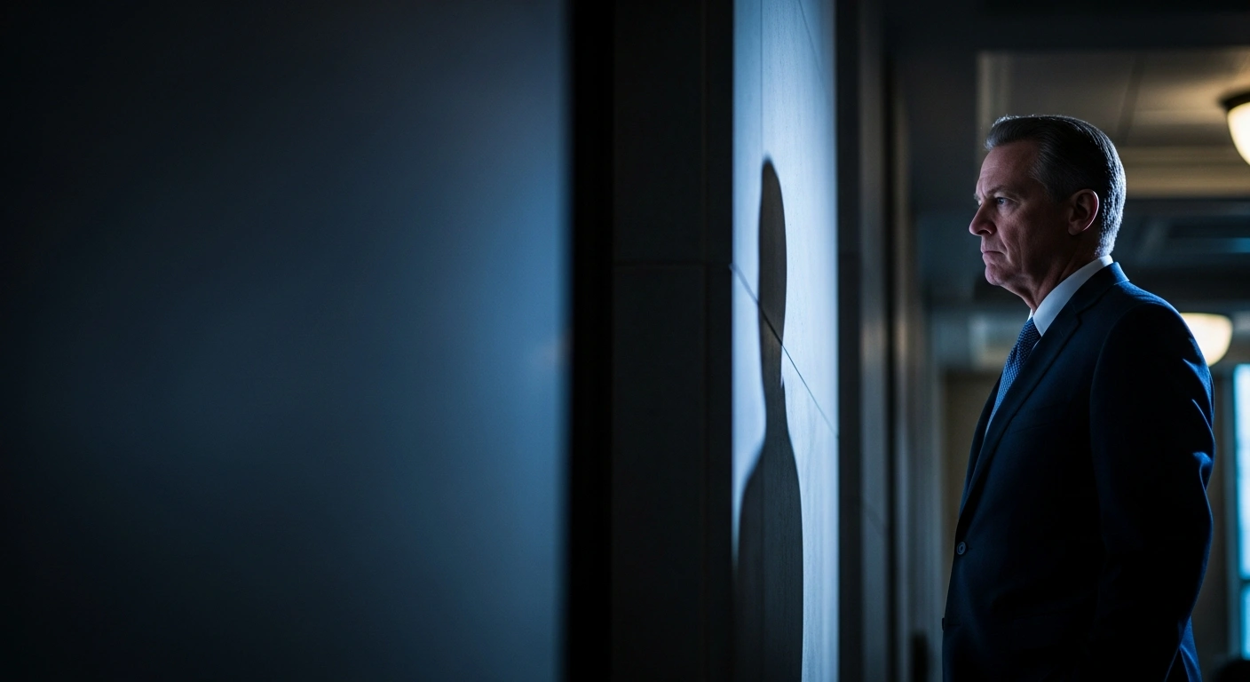 Major-General Ebrahim Kadwa stands in a dimly lit office corridor following his suspension from the Gauteng Hawks unit.
