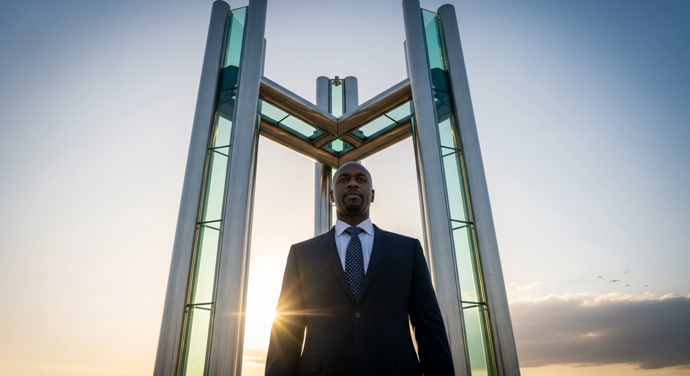 A confident figure, representing Mexico's Economy Minister Marcelo Ebrard, stands resolutely before three towering, interconnected pillars symbolizing the CUSMA trilateral trade agreement, bathed in the optimistic light of a rising sun, conveying confidence in its extension despite past doubts.