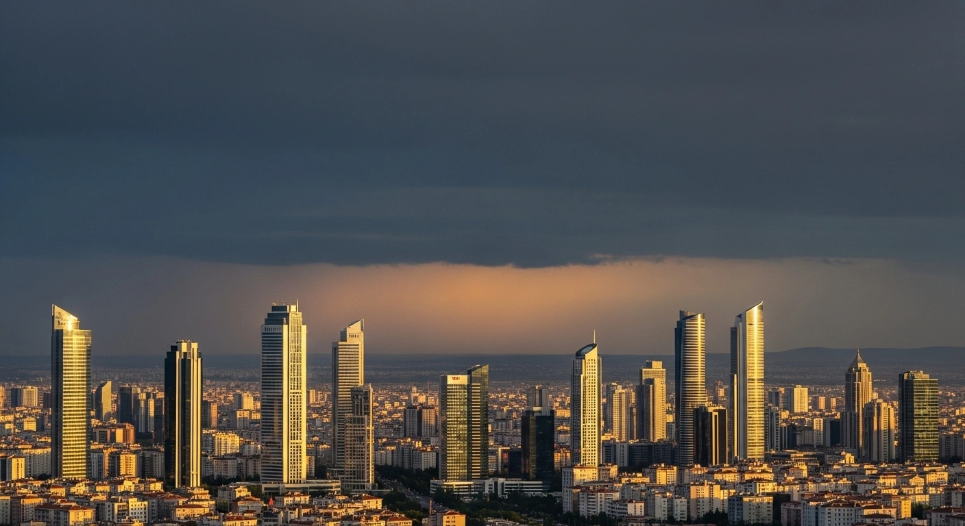 A modern Turkish city skyline glows with golden dawn light, symbolizing the EBRD's increased growth forecast for Turkey, while a distant dark storm front on the horizon represents warnings of persistent political tensions and tight global financing conditions.