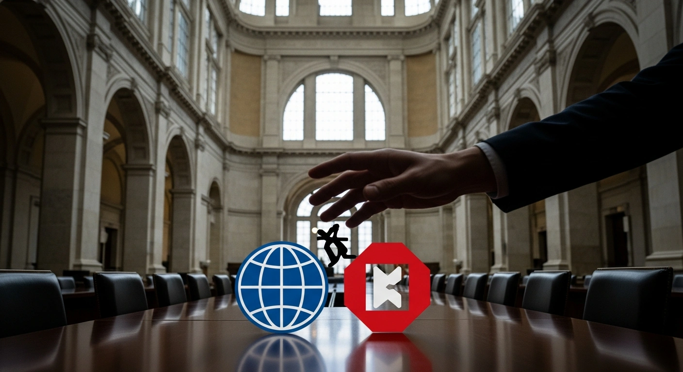 A symbolic depiction of two corporate emblems, representing Bago (Luxembourg) S.à r.l. and TBI Bank, subtly aligning on a polished table, with an authoritative hand poised above them, signifying the European Central Bank's preliminary authorization for the acquisition.