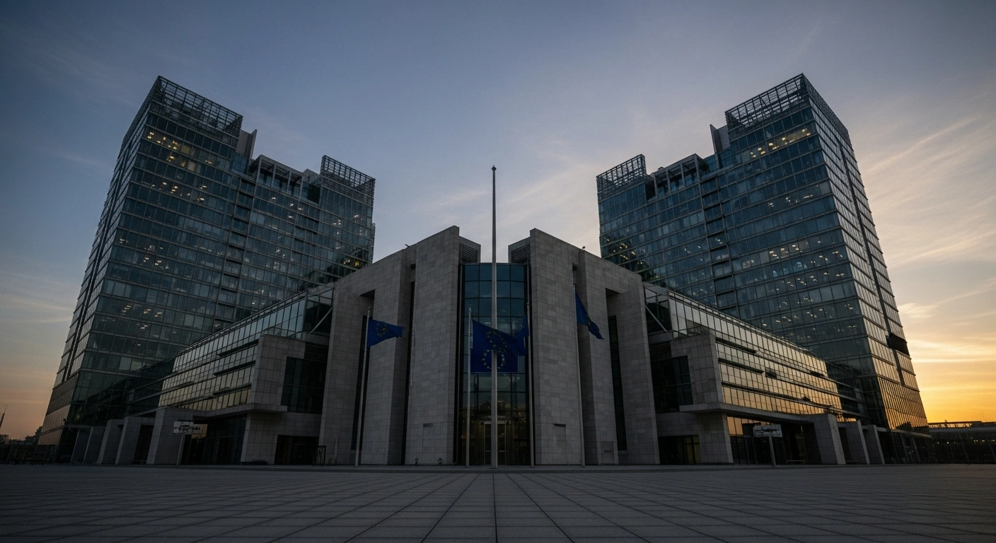 A low-angle, wide shot of the monumental European Central Bank headquarters at dawn, symbolizing the ECB's decision to maintain key interest rates at 2% for the Eurozone.