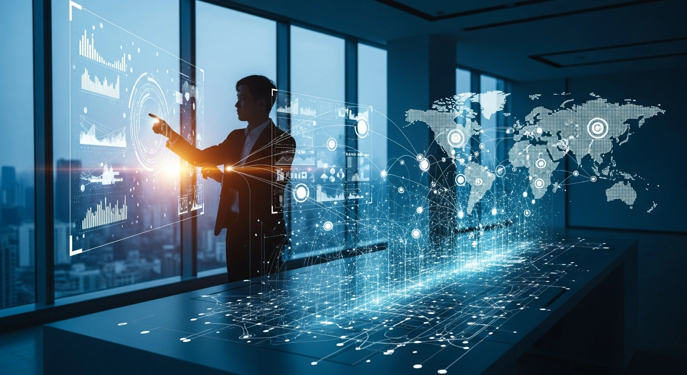 A professional uses AI-driven digital tools on a holographic interface to connect Chinese manufacturers with international buyers for the B2B platform Ecer.com.