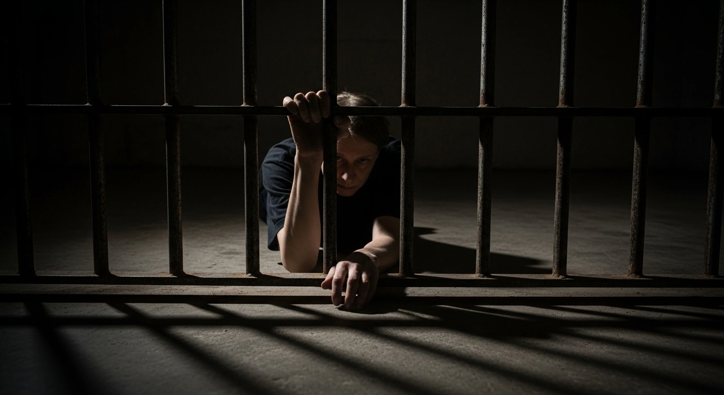 A solitary hand gripping rusted prison bars in a dimly lit concrete cell, symbolizing the European Court of Human Rights ruling that Latvia violated the rights of a mentally ill woman by keeping her in prison instead of transferring her to a psychiatric hospital, leading to 9,000 euros in compensation.