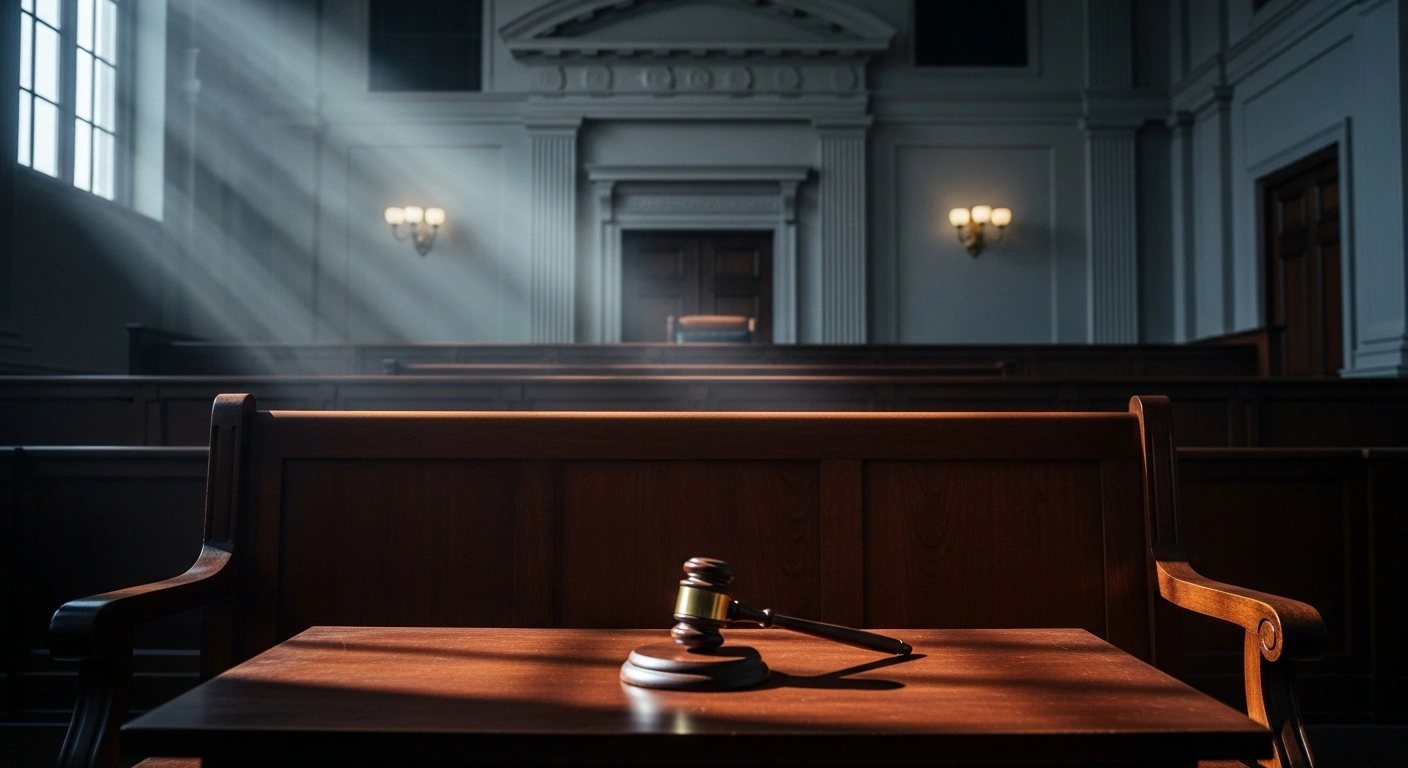 The interior of a grand courtroom with a wooden bench and gavel representing the final ruling by the European Court of Human Rights against Turkey regarding a fair trial violation.