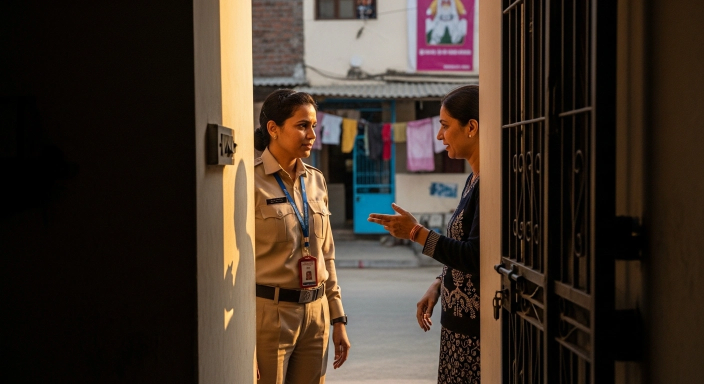 An Election Commission of India (ECI) official conducts house-to-house verification of electoral rolls as part of the Special Intensive Revision, engaging with a citizen at their doorstep under warm, golden light.