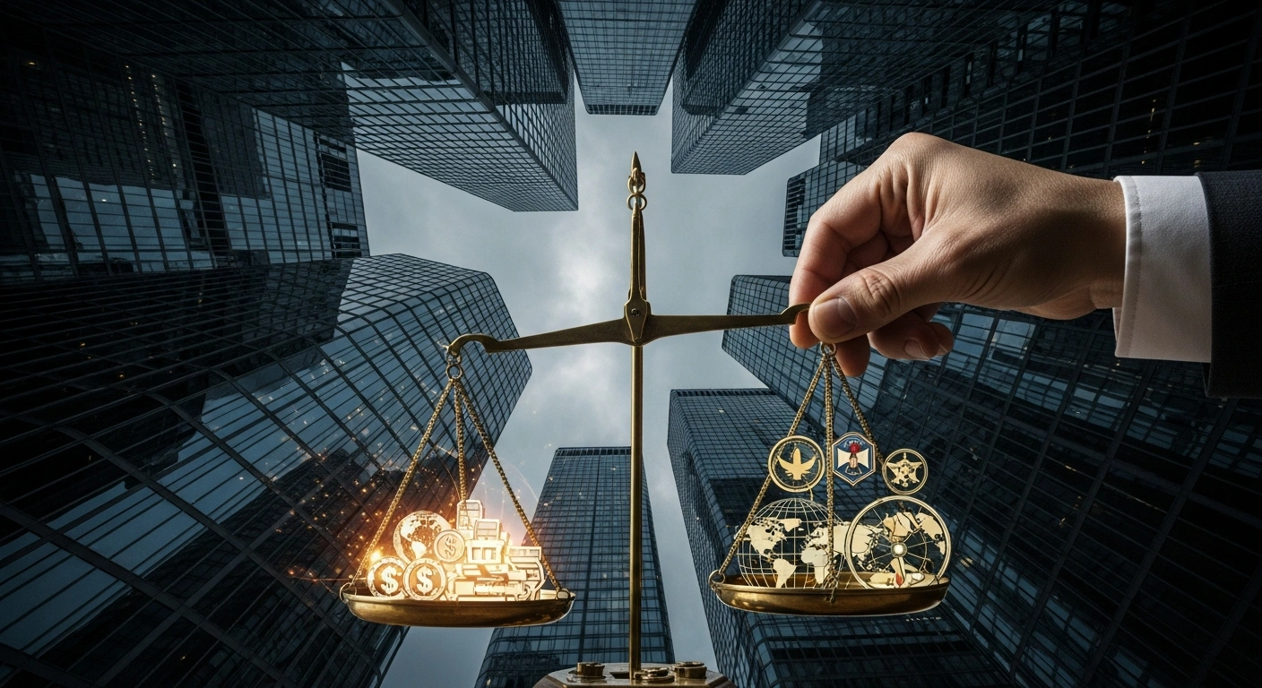 A dramatic, low-angle shot of a hand balancing scales, one side holding symbols of global trade and the other geopolitical maps, set against a stormy cityscape, illustrating the turbulent global period where political and strategic considerations increasingly influence nations' economic choices, as highlighted by External Affairs Minister S. Jaishankar regarding the weaponisation of economic activities and the need for de-risking and diversification.