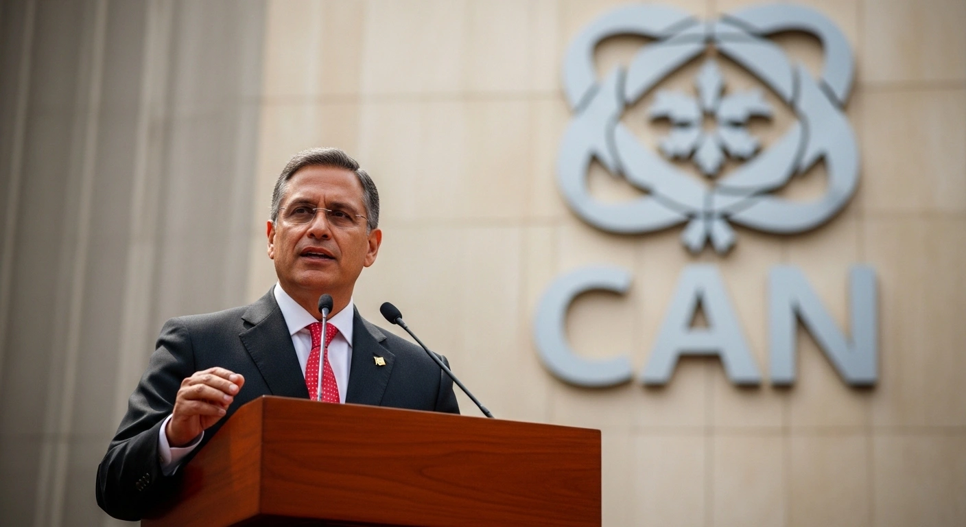 Ecuadorian President Guillermo Lasso stands confidently at a podium in a formal setting, gesturing towards a symbolic representation of the Andean Community, marking his country's assumption of the CAN pro tempore presidency on July 17, 2021, in Bogotá, Colombia, with a focus on regional integration and socio-economic recovery.