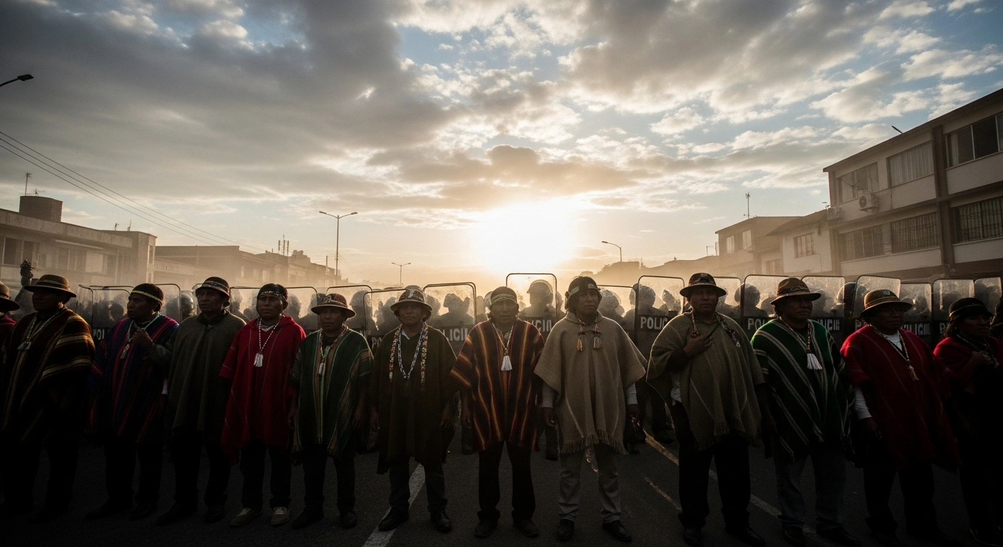 A low-angle, wide shot depicts indigenous and peasant protesters in Ecuador, many in traditional attire, confronting riot police amidst a haze of dust and tear gas during widespread demonstrations against President Daniel Noboa's elimination of diesel subsidies.