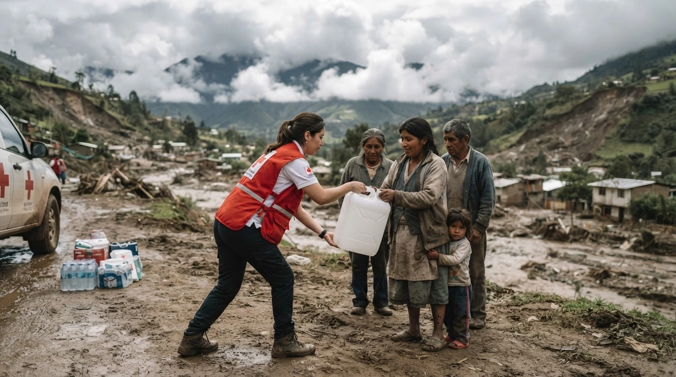 An Ecuadorian Red Cross volunteer provides emergency assistance and clean water to families affected by devastating floods and landslides in Ecuador.