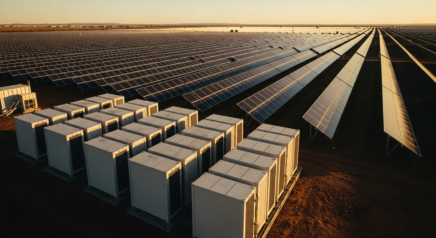 Rows of solar panels and large-scale battery storage containers at an Edify Energy solar farm in Queensland, Australia.