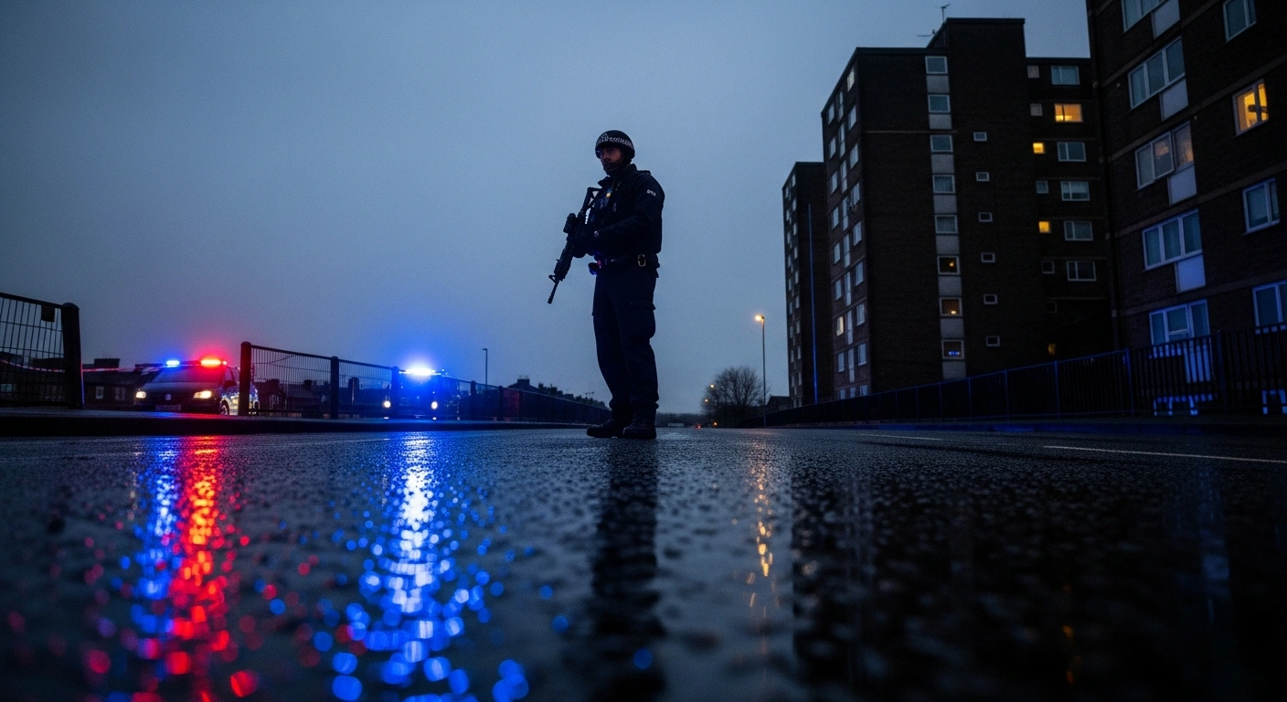 An armed police officer stands guard on a wet street in Edinburgh's Calder area at dusk, with emergency vehicle lights reflecting on the pavement and a tall residential tower block in the background, following a disturbance involving a man with a bladed weapon.