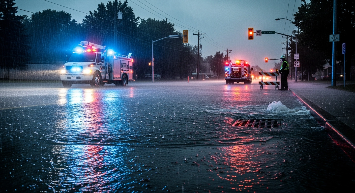 Emergency crews respond to localized flooding on an Edmonton street during a severe rainstorm that overwhelmed local stormwater systems.