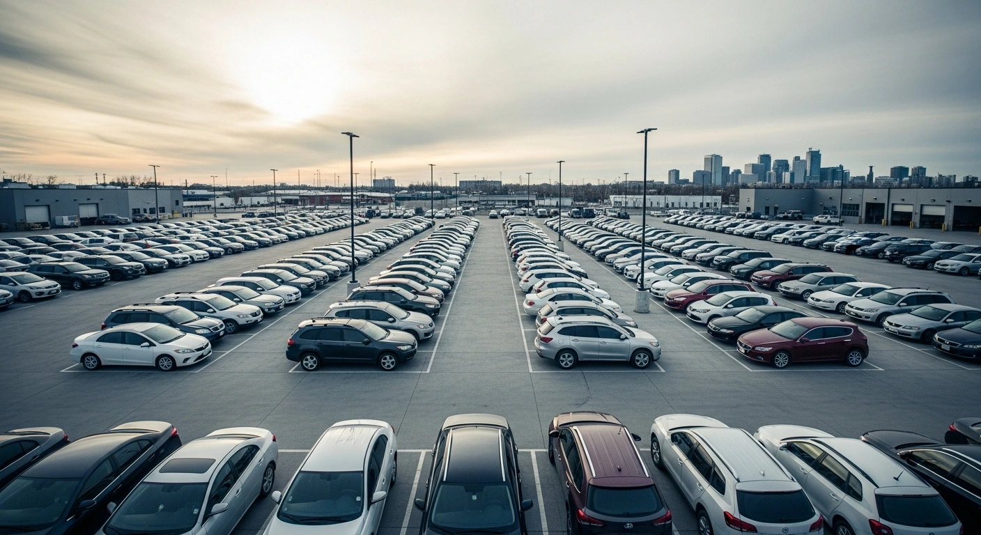A wide-angle view of the new, large vehicle impound facility in Edmonton filled with rows of towed cars.