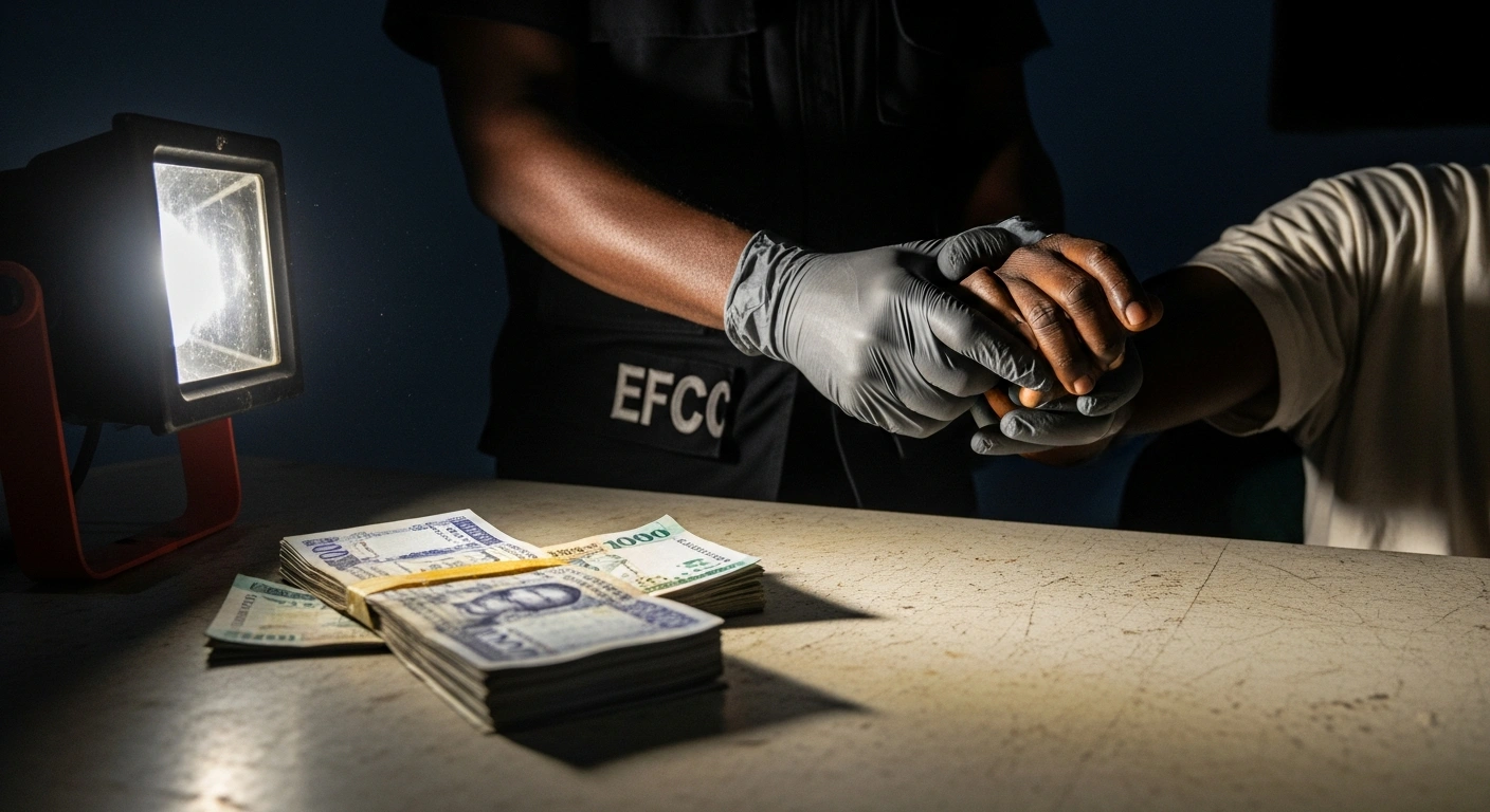 A stack of Nigerian Naira currency is prominently displayed on a table, with an EFCC agent in the background apprehending an individual, illustrating the arrest of suspects for electoral offenses and the recovery of funds during local government elections in Nigeria.