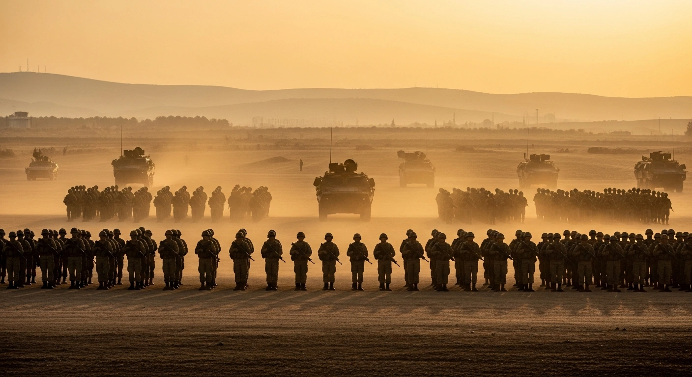 Soldiers from rival Libyan factions stand together in a unified formation during the EFES-2026 multinational military exercise in Izmir, Turkey.