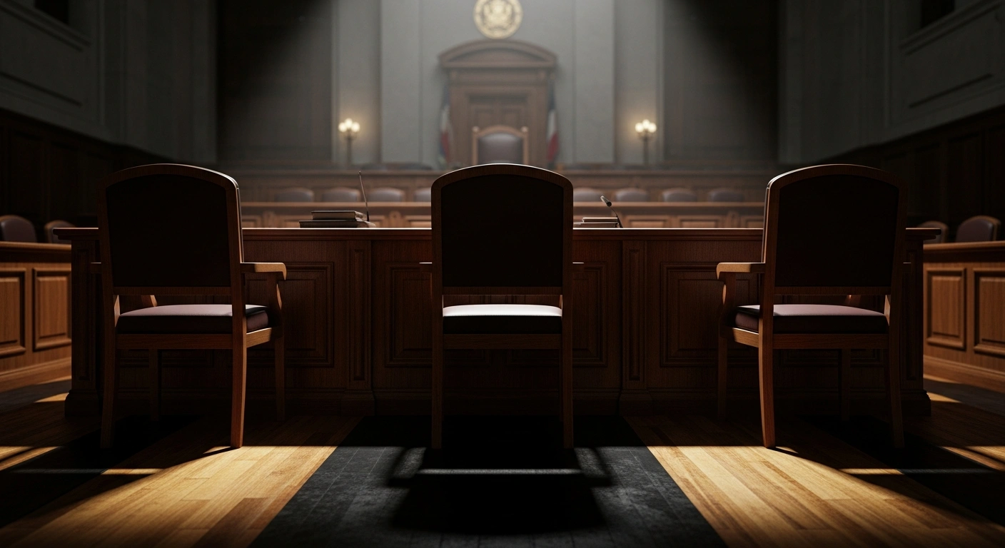 A dramatic view of an empty courtroom bench representing the legal dispute between the EFF and the Helen Suzman Foundation regarding Julius Malema's role on the Judicial Service Commission.