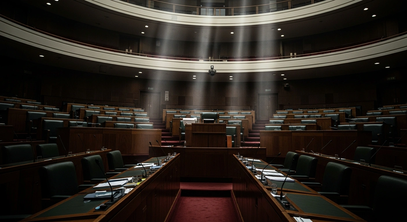 The interior of the South African Parliament chamber is shown during a period of intense political debate regarding a motion of no confidence against the Speaker.