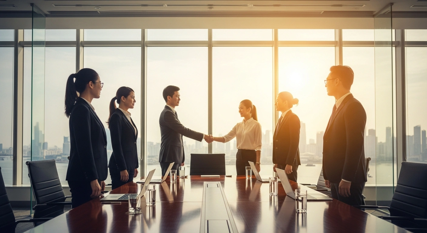 Business professionals from EFTA member states and Vietnam shake hands in a modern office to finalize a comprehensive free trade agreement.