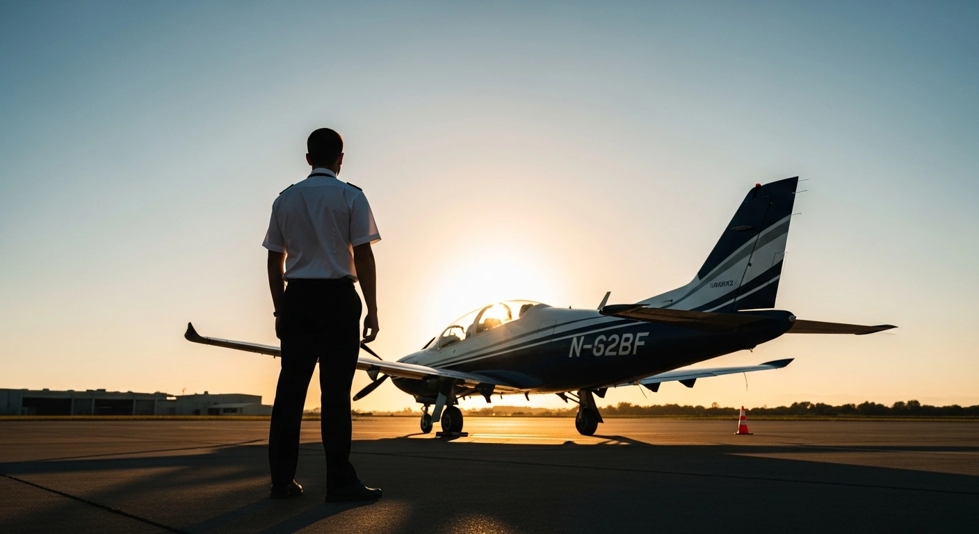 An aspiring pilot stands on a tarmac near a training aircraft during a recruitment event for Egnatia Aviation in Sofia, Bulgaria.