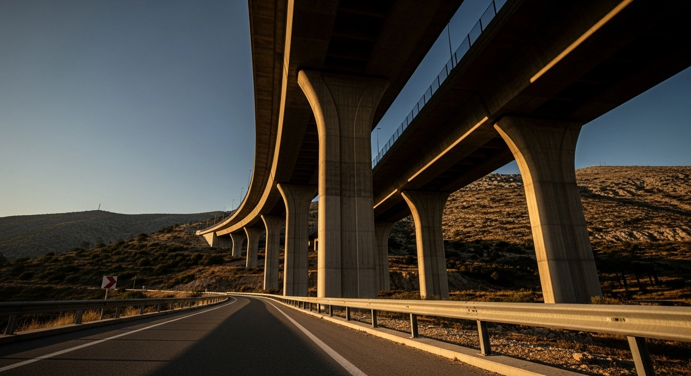 A wide-angle view of the Egnatia Highway infrastructure in Greece during sunset, representing the location of the legal case where fifteen individuals were acquitted of fraud charges.