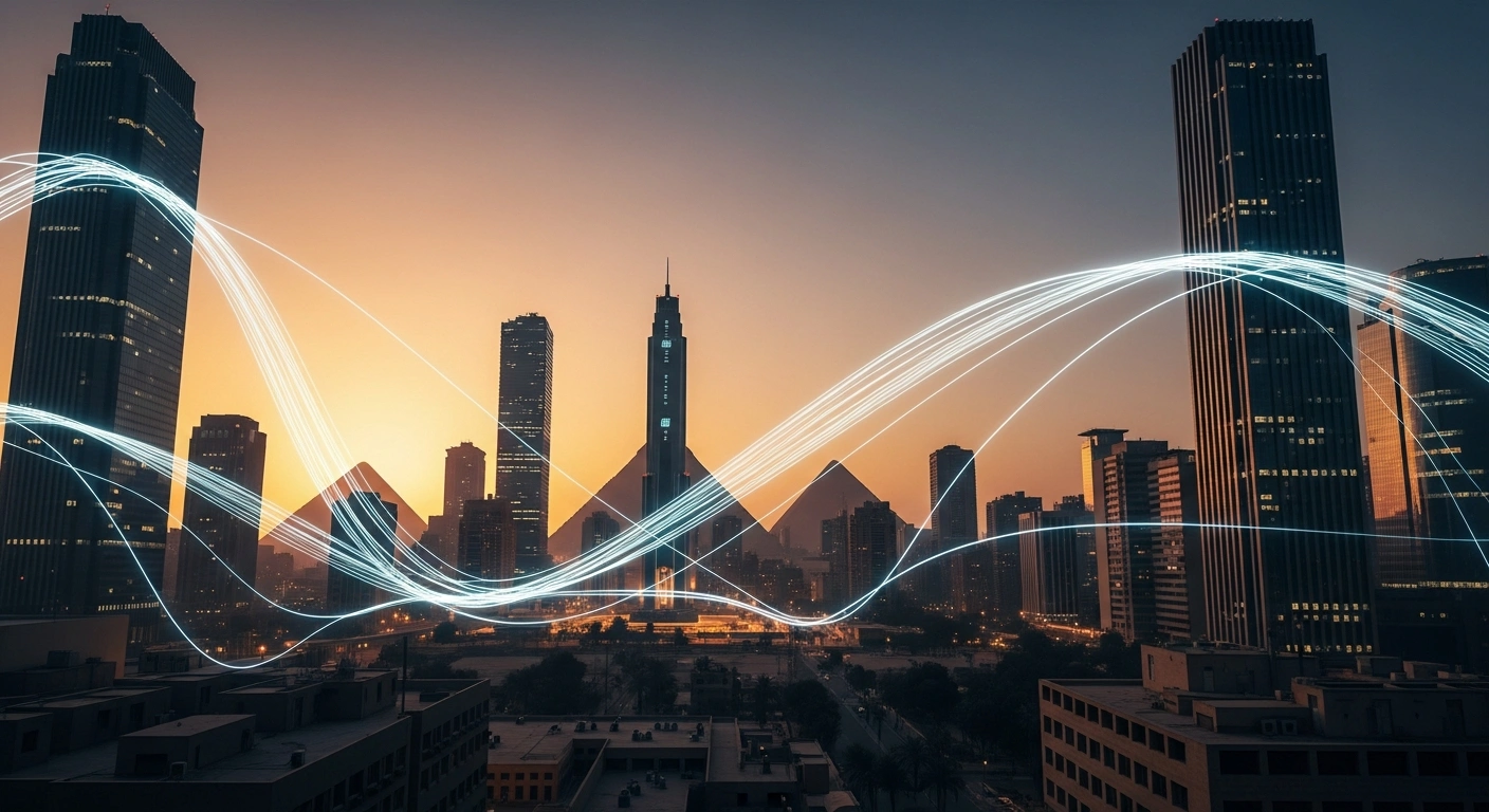 A futuristic Cairo skyline at dusk, featuring modern buildings connected by glowing data streams, with the iconic pyramids in the background, symbolizing Egypt's ambition to lead in AI and host the Ai Everything MEA Egypt summit.