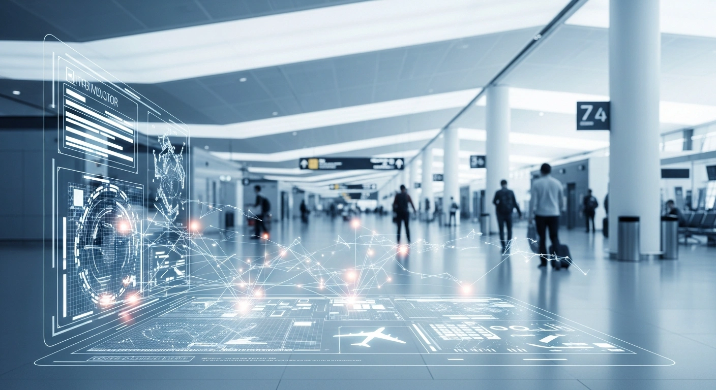 A modern airport terminal in Egypt features digital displays and artificial intelligence technology to improve passenger efficiency and infrastructure.