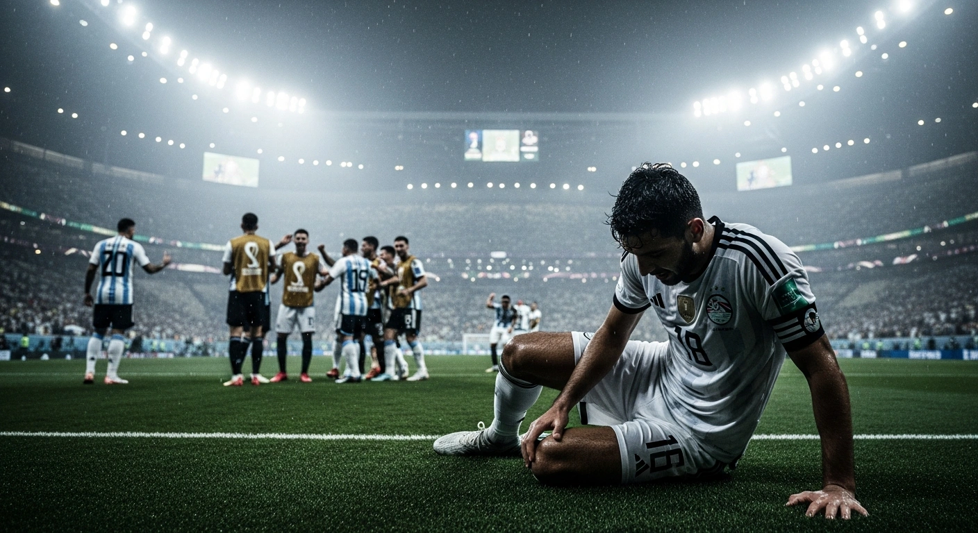 An exhausted Egyptian soccer player stands on the field after a 3-2 loss to Argentina in the 2026 FIFA World Cup Round of 16.