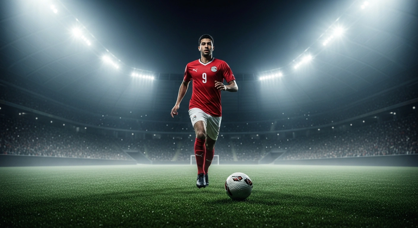An Egyptian national football player runs across the field during a high-stakes 2026 FIFA World Cup knockout match against Australia.